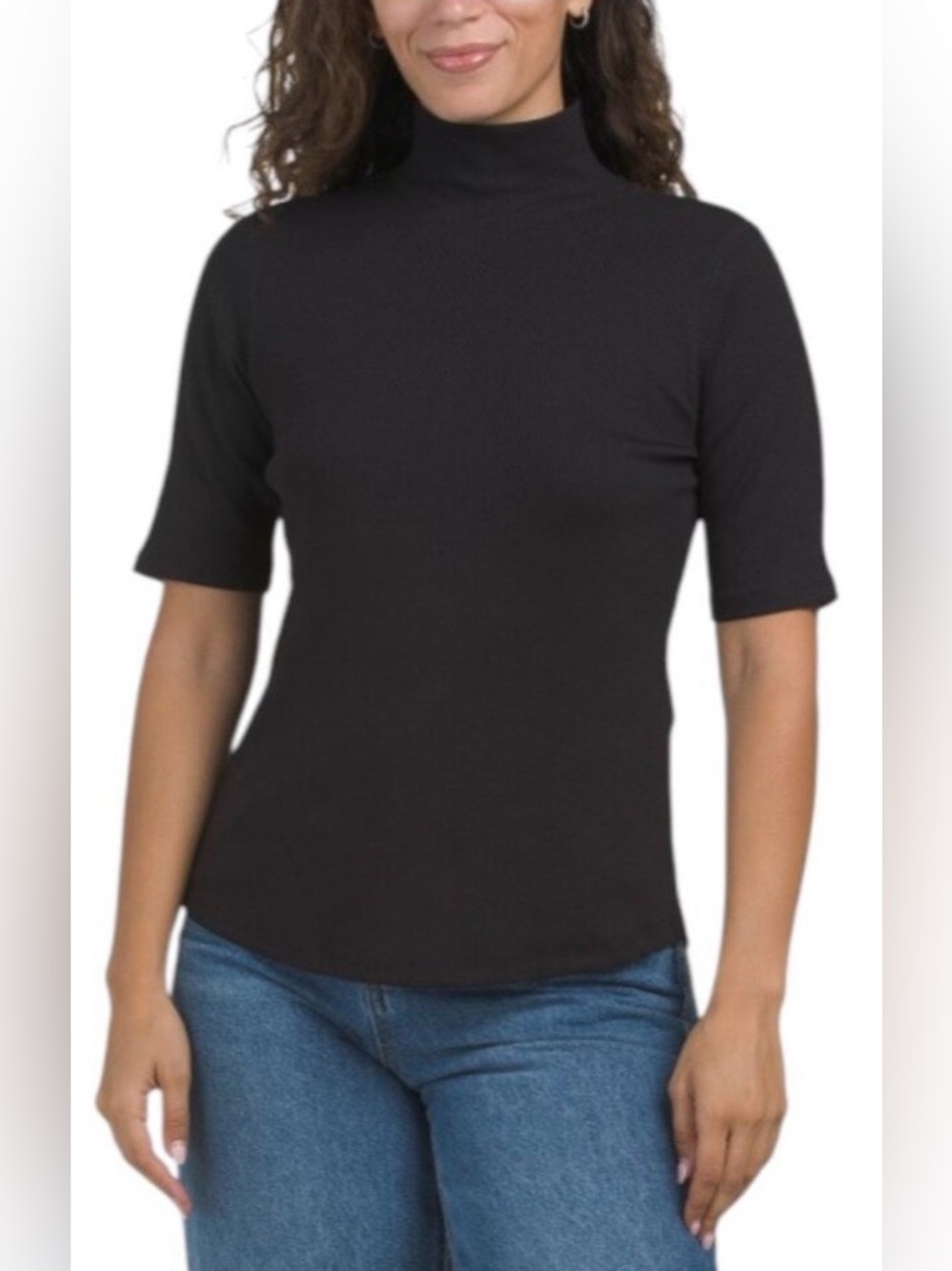 Elie Tahari Pima Cotton Blend Mock Neck Short Sleeve Rib Top Black Size S
